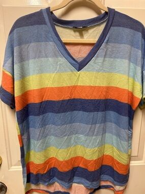 white birch Multicolor Striped V-Neck Tee - Blue, Orange, Yellow